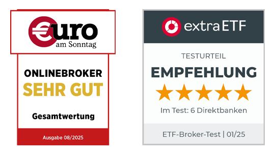 Depot-Auszeichnung Siegel zum Onlinebroker-Test mit Bewertung "Sehr gut" von €uro am Sonntag sowie Siegel ETF-Broker-Test mit Bewertung "Empfehlung" von extraETF