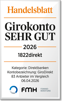 Handelsblatt - Girokonto sehr gut in 2026 für die 1822direkt Auszeichnung: Handelsblatt - Girokonto sehr gut in 2026 für die 1822direkt